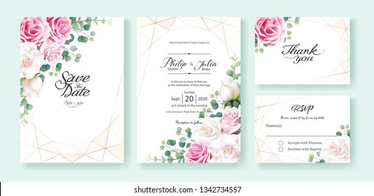 Pink and white rose flowers Wedding Invitation card, save the date, thank you, rsvp card Design template. Vector. Silver dollar eucalyptus leaves, Ivy plants.