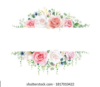 Pink and white rose with greenery banner on white background. Beautiful template for wedding invitation or greeting card, banner. All elements are isolated and editable. Vector.