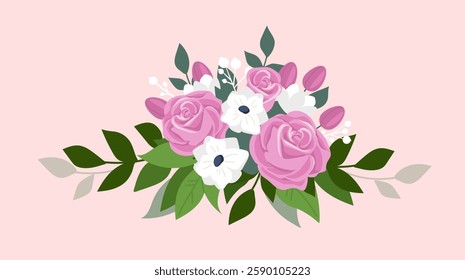 Pink and white roses with green leaves on a pink background. Flat style. Concept of love and beauty. Vector illustration