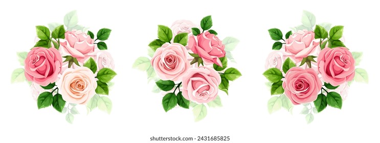 Pink and white roses. Set of vector floral bouquets with pink and white rose flowers and green leaves isolated on a white background. Hand-drawn illustration, not AI