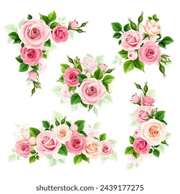 Pink and white roses. Set of vector floral design elements with pink and white rose flowers and green leaves isolated on a white background. Hand-drawn illustration, not AI