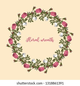 Pink and white roses wreath. Vector illustration