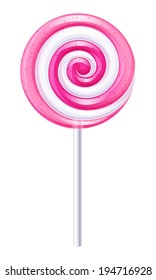 Pink and white round spiral candy. Strawberry lollipop.