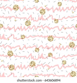Pink and white ruffle stripe seamless pattern with golden shimmer polka dots.