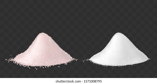 Pink and white sea salt for bath, spa treatments and healthy food. Vector mockup of realistic two heaps of loose organic seasoning isolated on transparent background