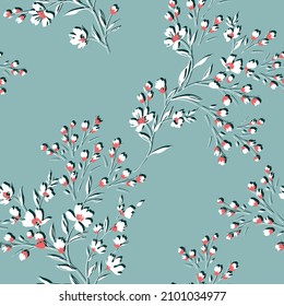 pink and white seamless floral vector small flowers bunches pattern on green background