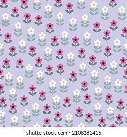 pink and white seamless floral vector small flowers with green leaves pattern on violet background