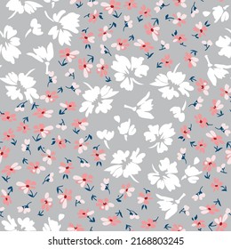 pink and white seamless floral vector small flowers pattern on grey background