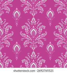 Patrón transparente rosa y blanco con adorno floral. Motivos tradicionales árabes e indios. Ideal para la tela y la materia textil, el Fondo de pantalla, el embalaje o cualquier idea deseada.
