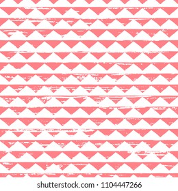 Pink and white seamless pattern with light shabby texture. Bright vector design with triangles for web, print, wrapping, cloth, textile or surface decoration.