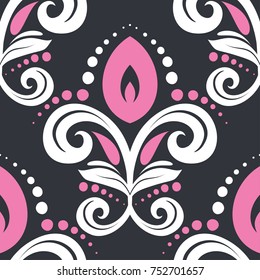 Pink and white seamless pattern on a black background. Ornament. Floral pattern. Traditional, Arabic, Turkish, Indian motifs. Great for fabric and textile, wallpaper, packaging or any desired idea.