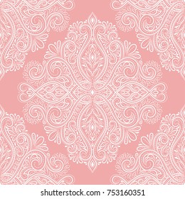 Pink and white seamless pattern. Ornament. Floral, lace pattern. Paisley elements. Traditional, Arabic, Turkish, Indian motifs. Great for fabric and textile, wallpaper, packaging or any desired idea.