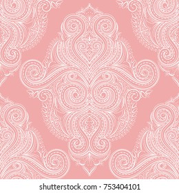 Pink and white seamless pattern. Ornament. Floral, lace pattern. Paisley elements. Traditional, Arabic, Turkish, Indian motifs. Great for fabric and textile, wallpaper, packaging or any desired idea.