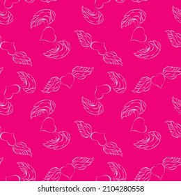 Pink and white seamless pattern. Winged heart outline random repeat endless texture. Saint Valentine's day bright boundless background. Pretty doodle surface design for greeting card or gift paper.