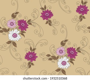 pink white seamless vector flower pattern on brown background