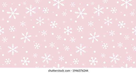 Fondo vectorial de copos de nieve rosa y blanco, papel tapiz de repetición sin fisuras, diseño de invierno bonito.