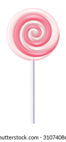 Pink and white spiral candy. Strawberry and cream lollipop vector illustration.