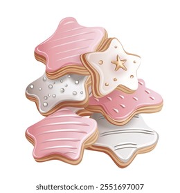 Pink and White Star-Shaped Iced Cookies Stack. Decorative Frosted Cookies in Pastel Colors