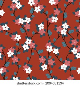 flores vectoriales de material rosa y blanco con patrones de hojas azules sobre fondo naranja