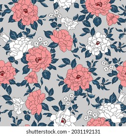 flores vectoriales de material rosa y blanco con patrones de hojas azules en fondo gris