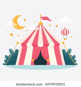 Pink And White Striped Circus Tent Under A Starry Sky. Vector Illustration.