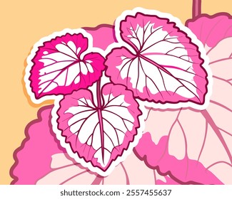 Pink  white stylized begonia leaves; perfect for fashion, home decor, or botanical designs.  High-resolution vector illustration offers vibrant colors  unique style. Ideal for print  web.