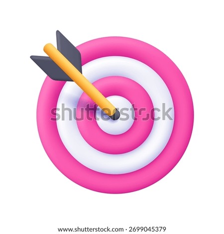 Pink and white target with arrow hitting the bullseye. Business finance target, goal of success, target achievement, precision and successful strategy. 3d vector icon. Cartoon minimal style.