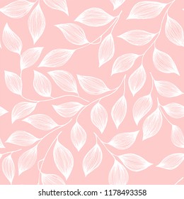 Pink white tea leaves pattern seamless vector. Minimal tea plant bush leaves floral textile design. Herbal sketchy seamless background pattern with nature elements. Colorful summer foliage wallpaper.
