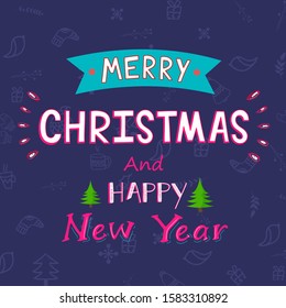 Pink and White Text of Merry Christmas & Happy New Year on Purple Xmas Festival Elements Background in Flat Style.