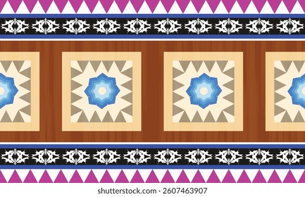 Pink and white triangle border carpet pattern has a pattern arranged in a row and in the middle of the blue there are beautiful triangles and rhombus. Fabric patterns, vectors, brown background