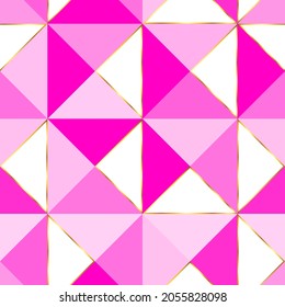 Pink and white triangle seamless pattern with golden lines. Texture in several pastel and colorful shades.