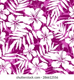 Pink and white tropical flowers silhouettes vector seamless pattern