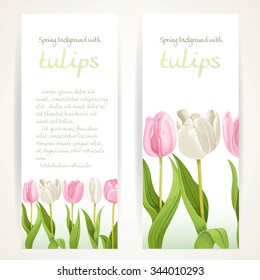 Pink and white tulips on two vertical blank banners 