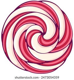 Pink white twisted lollipop, meringue or whipped cream top side view. Decorative striped spiral. Vector illustration of dessert in cartoon flat style isolated on white.