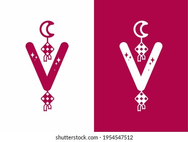 Pink white of V initial letter in ramadan theme design