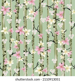 pink white vector flower pattern with tree on green background