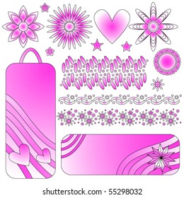 Pink and white vector tags, trims, flowers, heart and stars