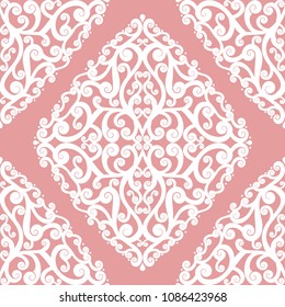 Pink and white vintage seamless pattern. Paisley elements. Ornament. Traditional, Ethnic, Turkish, Indian motifs. Great for fabric and textile, wallpaper, packaging or any desired idea.