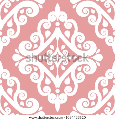 Pink and white vintage seamless pattern. Paisley elements. Ornament. Traditional, Ethnic, Turkish, Indian motifs. Great for fabric and textile, wallpaper, packaging or any desired idea.