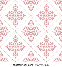 Pink and white vintage vector seamless pattern, wallpaper. Elegant classic texture. Luxury ornament. Royal, Victorian, Baroque elements. Great for fabric and textile, wallpaper, or any desired idea.