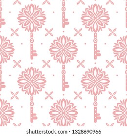 Pink and white vintage vector seamless pattern with keys, wallpaper. Elegant classic texture. Luxury ornament. Traditional,Turkish, Indian motifs. Great for fabric and textile, wallpaper, packaging.