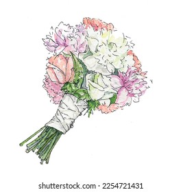 Pink white wedding bouquet sketch, roses. 