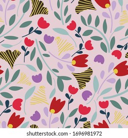 Pink with a wide variety of whimsical flowers seamless pattern background design.