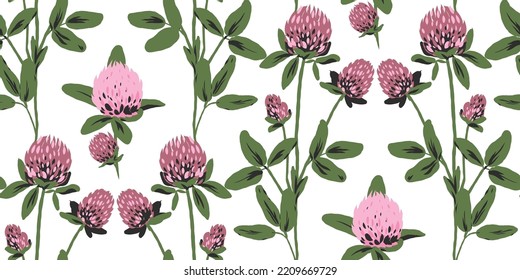 trébol silvestre rosa, ilustración vectorial brillante, patrón transparente con flores y hojas