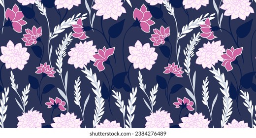 Pink wild flowers branches seamless pattern on a dark blue background. Vector hand drawn doodle sketch. Creative simple floral print. Template for design, textile, fashion, print, surface design