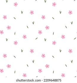 flores silvestres rosas, ilustración vectorial brillante, patrón sin fisuras con flores y hojas pequeñas