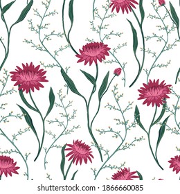 Pink wild flowers hand drawn vector seamless pattern. Abstract botanical sketches of field plants. Bright vintage floral background. Gentle design for wallpaper, fabric, print, decor, card, textile.