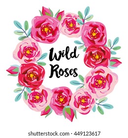 Pink wild roses wreath. Vector greeting card template. Design artwork for the poster, tee shirt, pillow, home decor. Summer garden flowers with green leaves.