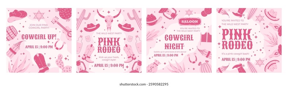 Pink Wild West Party Social Media Post Template, Square Cowgirl-Themed Design with Boots, Hats, Cacti, and Rodeo Elements, Ideal for Events, Invitations, and Online Promotions