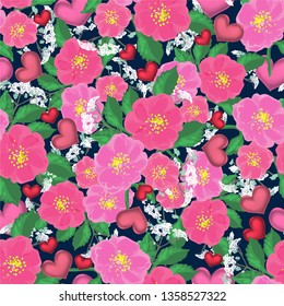 Pink and wildflowers with leaves and hearts on a dark background. Seamless textile vector background, summer sale. Birthday card, wedding, mother's Day